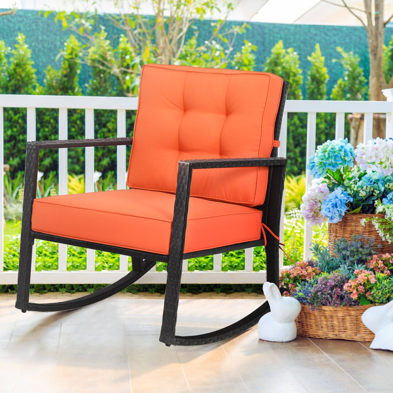 Outdoor Wicker Rocking Chair Patio Lawn Rattan Single Chair Glider W/ Cushion